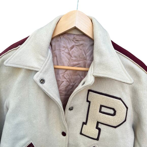 Vintage 50’s-60’s Varsity “P” Embroidered Jacket Off White Maroon Large 19x25 - Picture 4 of 10